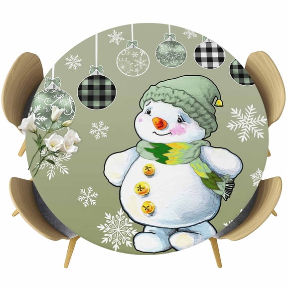 Snowman Table Cloth, Round Fitted Tablecloths with Elastic Edge, Christmas Green Balls Snowflakes Farmhouse Plaid Wipeable Waterproof Table Cover for Kitchen Wedding 55-60 Inches