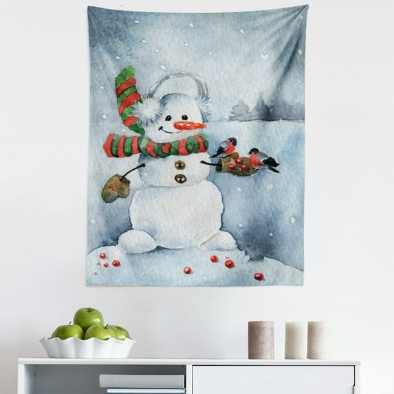 Snowman Tapestry, Watercolor Style Snowfall Outdoors Merry Christmas Theme Winter Bullfinch Birds, Fabric Wall Hanging Decor for Bedroom Living Room Dorm, 5 Sizes, Multicolor, by Ambesonne