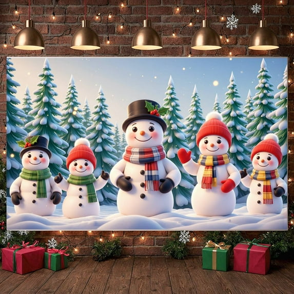 Snowman Theme Christmas Banner Colorful Scarves Winter Backdrop Festive Atmosphere Smiling Characters Holiday Display for Christmas Party Winter Celebration Family Gathering