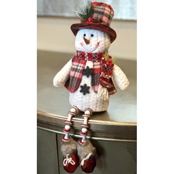 Snowman Top Hat Plush Shelf Sitter Stuffed Figurine With Dangling Legs Christmas Holiday Decoration Checkered Plaid Designs 17"