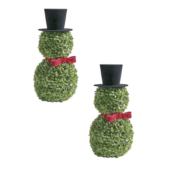 Snowman Topiary Christmas Decor 15.75 Inch Artificial Snowman Shaped Tree with Red Bow Santa Hat Boxwood Topiaries for Indoor Outdoor Home Porch Table Decorations, 2PCS
