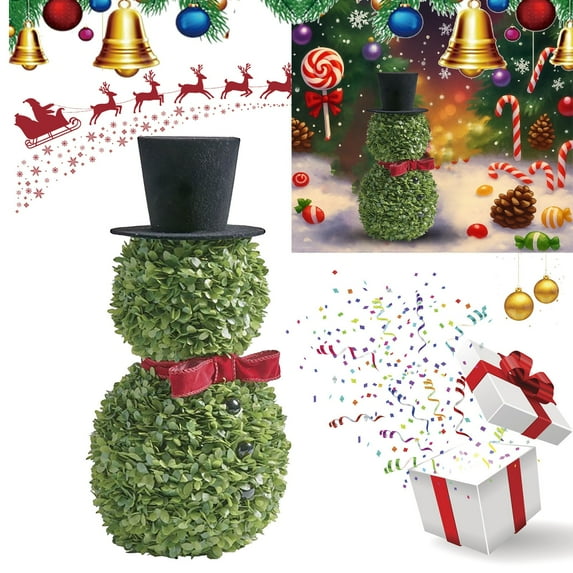 Snowman Topiary Christmas Decor 15.75 Inch Artificial Snowman Shaped Tree with Red Bow Santa Hat Boxwood Topiaries for Indoor Outdoor Home Porch Table Decorations, 1PC
