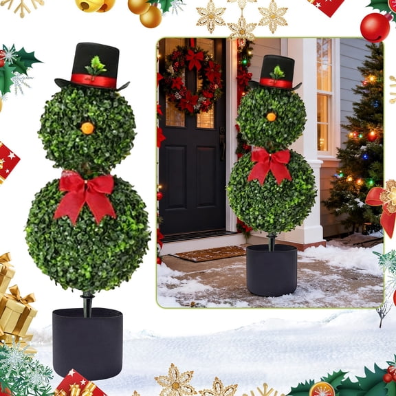 Snowman Topiary Christmas Decor 31.5 Inch Artificial Snowman Shaped Tree Pot with Red Bow Santa Hat Boxwood Topiaries for Outdoor Indoor Home Front Door Garden Decor, 1PC