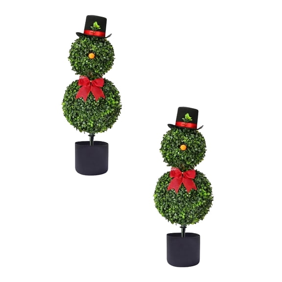 Snowman Topiary Christmas Decor 31.5 Inch Artificial Snowman Shaped Tree Pot with Red Bow Santa Hat Boxwood Topiaries for Outdoor Indoor Home Front Door Garden Decor, 2PCS