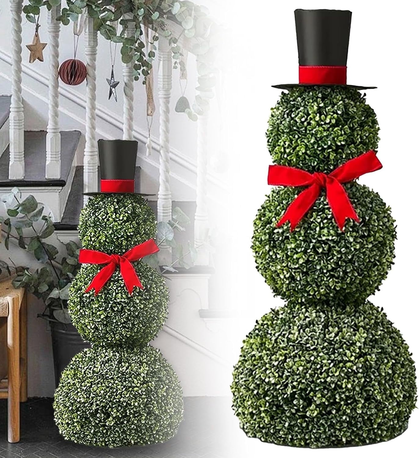 Snowman Topiary Christmas Decoration 23'' Artificial Snowman Shaped Topiary Tree with Red Bow Santa Hat Boxwood Topiaries for Christmas Indoor Outdoor Home Porch Decor