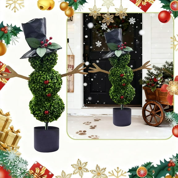Snowman Topiary Christmas Decoration 32'' Artificial Snowman Shaped Topiary Tree with Red Bow Santa Hat Boxwood Topiaries for Christmas Indoor Outdoor Home Porch Decor