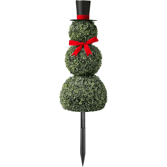 Snowman Topiary Christmas Outdoor Decor, 31.5 inch Artificial Boxwood Topiary with Ground Stake, Red Bow & Santa Hat, Holiday Porch Yard Decoration