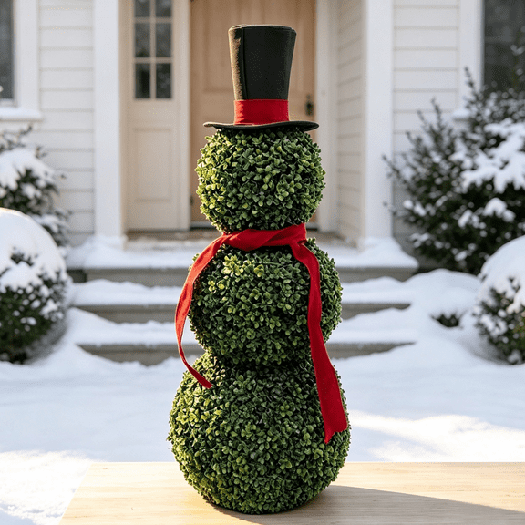 Snowman Topiary Trees Artificial Outdoor Christmas Decoration, Christmas Fake Boxwood with Red Bow & Santa Hat, Snowman Shaped Topiary Trees Pot for Indoor Porch Yard Holiday Decor