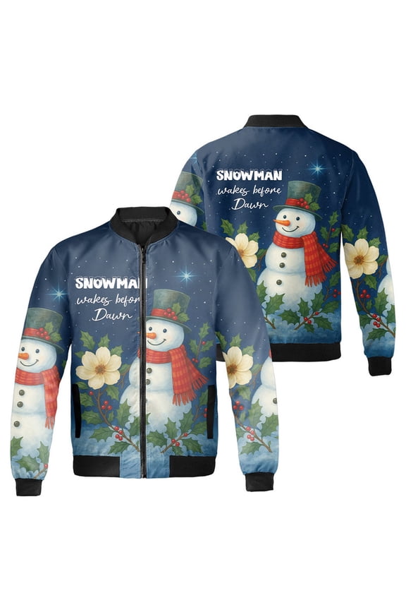 Snowman Wake Before Dawn Merry Christmas Bomber Jacket - Winter Holiday Graphic Outerwear - Perfect For Christmas Morning, Xmas Gift Jacket