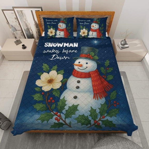 Snowman Wakes Before Dawn Quilt Bedding Set - Snowman Holly & Magnolia Christmas Quilt Bed Set