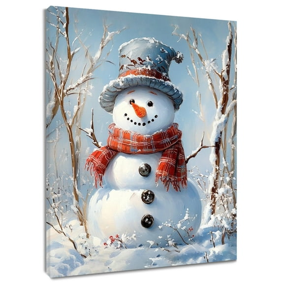 Snowman Wall Art Christmas Winter Forest Canvas Wall Art Blue Cute Snowmen Painting Art Framed Wall Art for Living Room Bedroom Bathroom Home Decor Ready To Hang,12x12 Inches