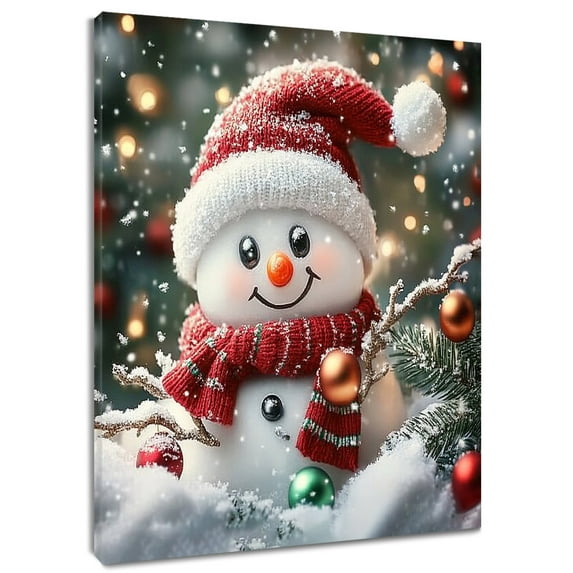 Snowman Wall Art Christmas Winter Snowflake Canvas Wall Art Vintage Colored Ball Cute Snowmen Framed Wall Art for Living Room Bedroom Bathroom Home Decor Ready To Hang,12x12 Inches