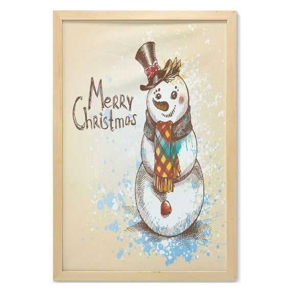 Snowman Wall Art with Frame, Snowman with Winter Accessories Color Splashes Happy Xmas Sketchy, Printed Fabric Poster for Bathroom Living Room Dorms, 23" x 35", Cream Brown Blue, by Ambesonne
