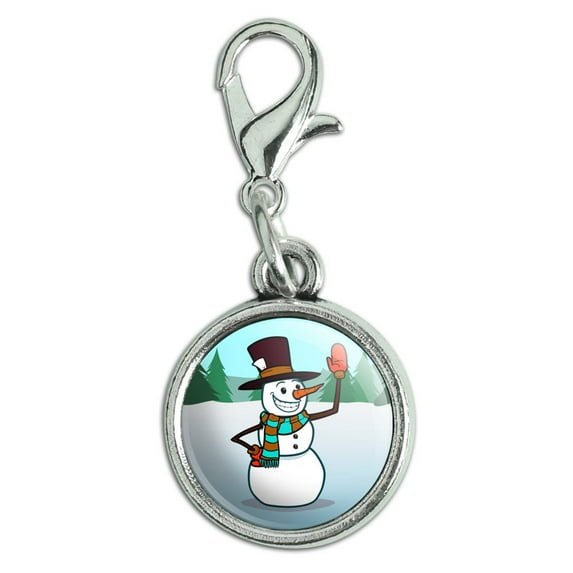 Snowman Waving Christmas Holiday Antiqued Bracelet Pendant Zipper Pull Charm with Lobster Clasp