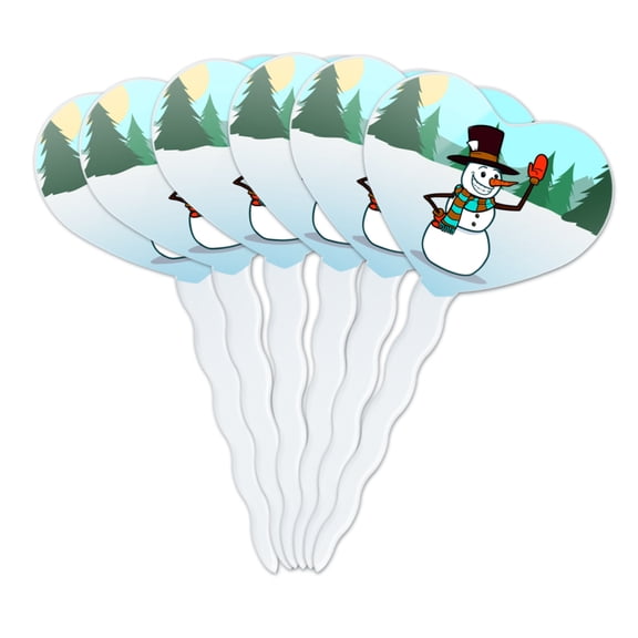 Snowman Waving Christmas Holiday Heart Love Cupcake Picks Toppers Decoration Set of 6