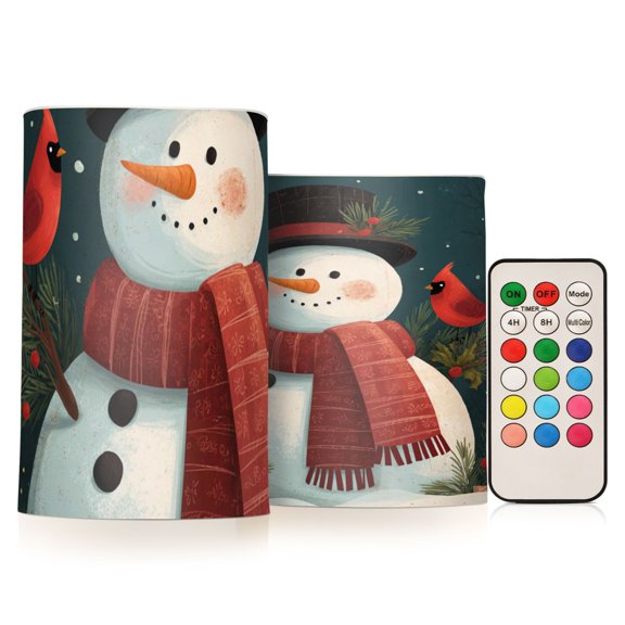 Snowman Wearing A Red Scarf and A Black Top Hat Flickering Flameless Candles Battery Operated with Remote Timer LED Pillar Candles Set of 2