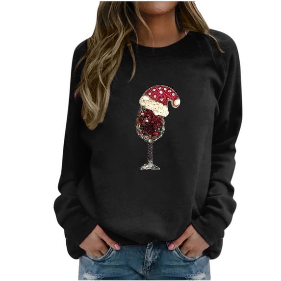 Snowman Wine Cheers Sweatshirts Women Long Sleeve Christmas Graphic Tees Funny Xmas Tops