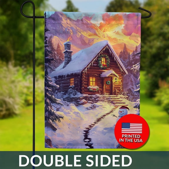 Snowman Winter Cabin Garden Flag Double Sided Mountain Lodge Decor 1