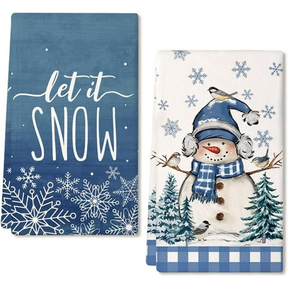 Snowman Winter Kitchen Towels Set of 2,Blue Christmas Tree Bird Snowflake Let It Snow Dish Hand Towels Holiday Home Indoor Bathroom Party Seasonal Decorations DD049