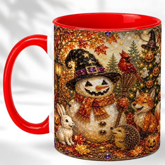 Snowman Witch Coffee Mug, Halloween Woodland Mug, Ceramic Cup