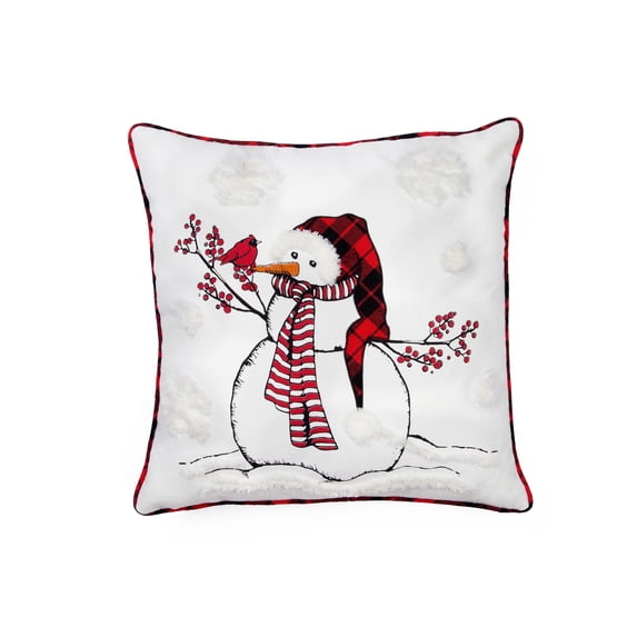 Snowman With Beanie Hat and Softy Tufted Snow Embroidered Christmas Pillow, 18 by 18-Inch