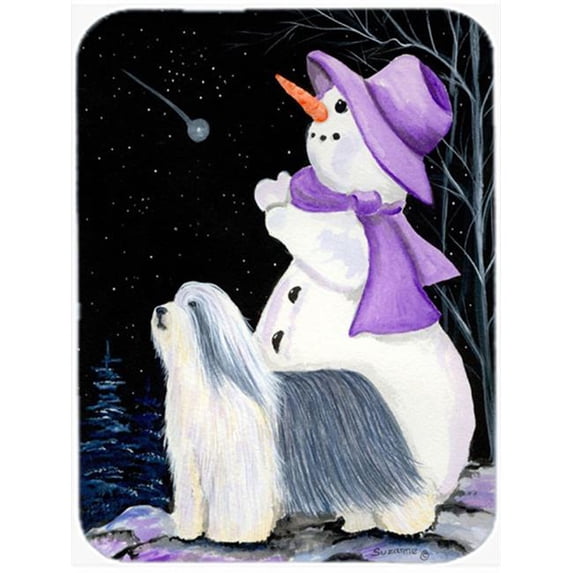 Snowman With Bearded Collie Glass Cutting Board- Large