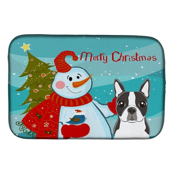Snowman With Boston Terrier Dish Drying Mat