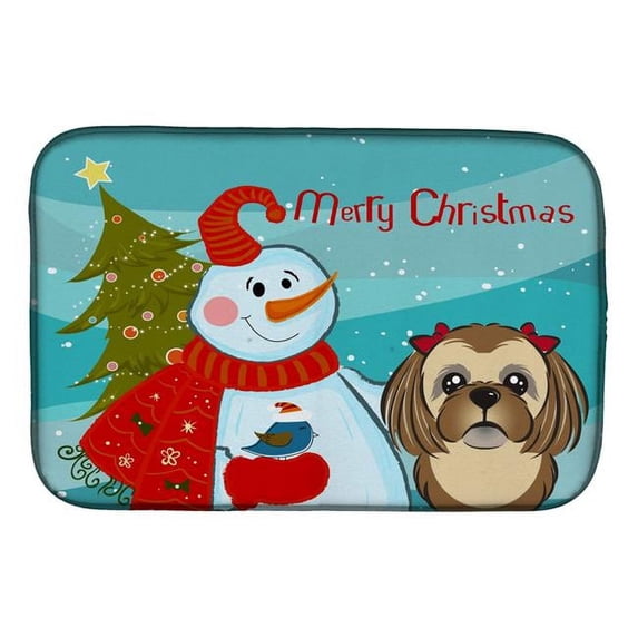 Snowman With Chocolate Brown Shih Tzu Dish Drying Mat