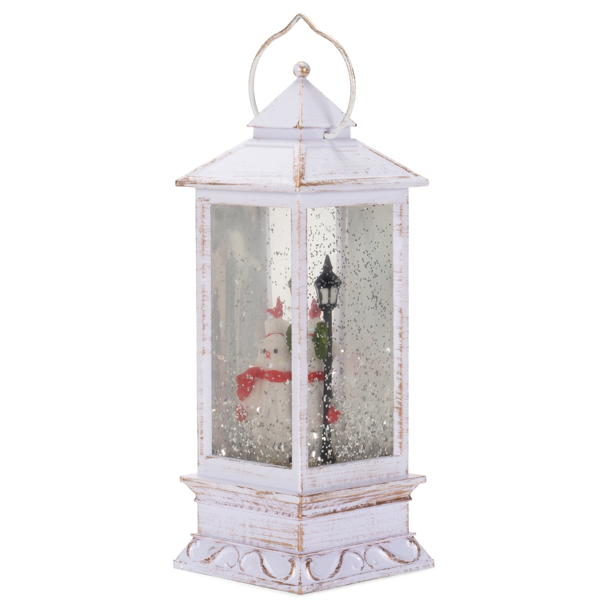 Mark Feldstein & Associates Snowman with Lampost Glitter White 11 x 4 Resin Stone Christmas Candle Lantern