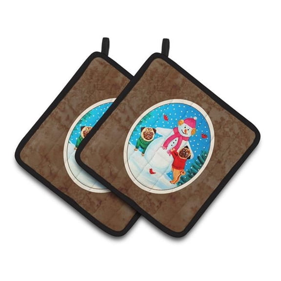 Snowman With Pug Winter Snowman Pair of Pot Holders
