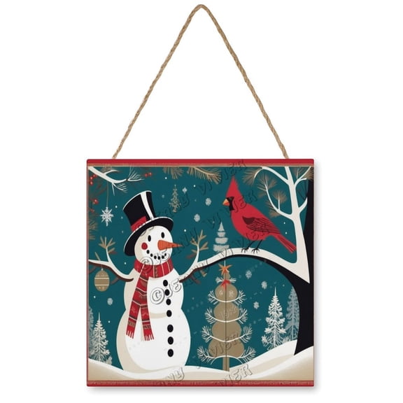 Snowman Wooden Hanging Signs For Home Decor 12"x12" Square Rustic Wall Hanging Plaque Sign Farmhouse Wooden Wall Signs for Office Bedroom Christmas Housewarming Gift