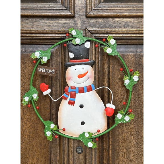 Snowman Wreath Welcome Metal Sign 16.5" Rustic Farmhouse Winter Wall and Door Hanging Christmas Holiday Decoration Indoor Outdoor Home Business