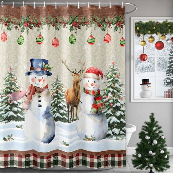 Snowman Xmas Tree Ball Elk Buffalo Plaid Shower Curtain for Bathroom, Winter Snow Retro Plank Waterproof Shower Curtains Washable Quick Dry with Hooks Bathtub Curtains 36x72IN