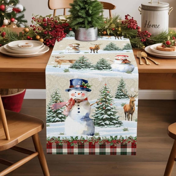 Snowman Xmas Tree Ball Elk Buffalo Plaid Table Runner 13x90in Non-Slip Cotton Linen Table Runners, Winter Snow Retro Plank Dresser Scarves TableRunner for Dinner Kitchen Dining Wedding Party