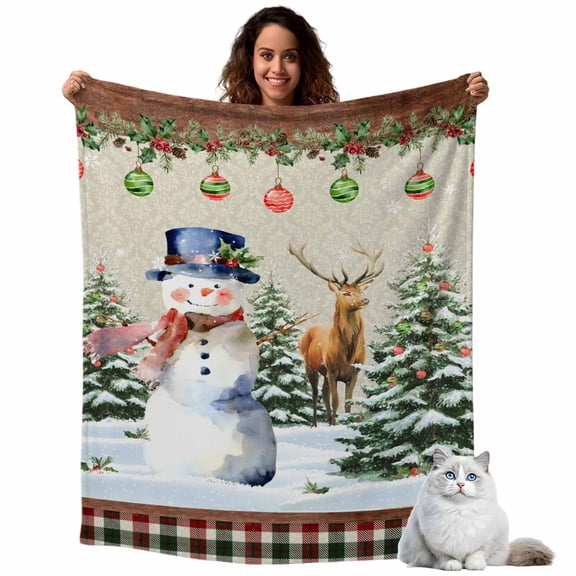 Snowman Xmas Tree Ball Elk Buffalo Plaid Throw Blanket Flannel Fleece Throws, Winter Snow Retro Plank Lightweight Super Soft Warm Blankets for Couch Sofa Bed All Season Use, 40x50 in