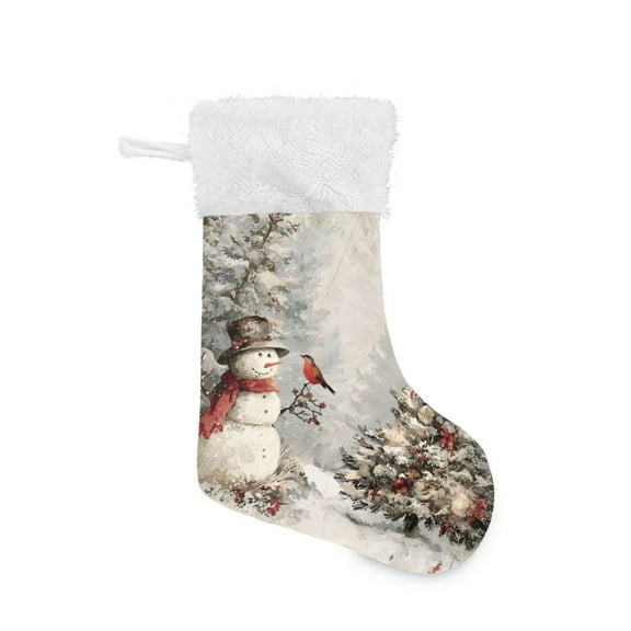 Snowman and Bird Christmas Tree Vintage Style Christmas Stockings Large Capacity 18 inch Gift Bag with Hook Xmas Holiday Decor 1 Pack
