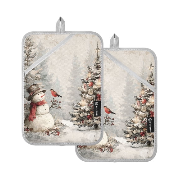 Snowman and Bird Christmas Tree Vintage Style Potholders Heat Resistant Pot Holder Set of 2 Oven Hot Pads with Pocket