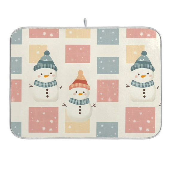 Snowman and Block Dish Drying Mat 16x18 Absorbent Microfiber Draining Rack Pad for Kitchen Counter Sink