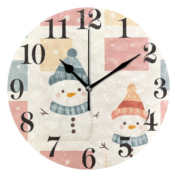 Snowman and Block Round Wall Clock Battery Operated Silent Non-Ticking Bedroom Office Kitchen Home School Decor 10"(Black)