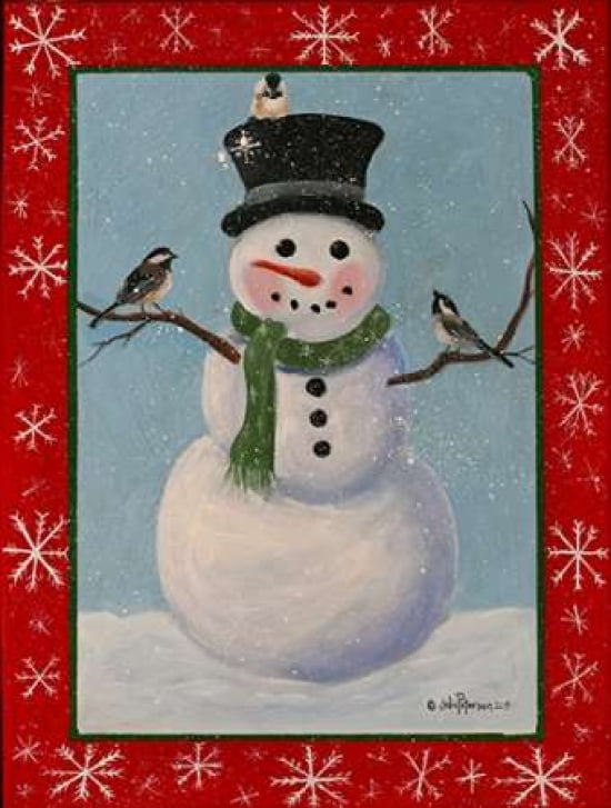 Snowman and Chickadees Canvas Art - Julie Peterson (22 x 28)