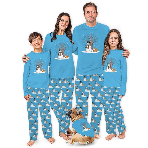 Snowman and Orange Cat Matching Family Christmas Pajamas with Pet, 2 Side Pockets, Available in Plus Sizes