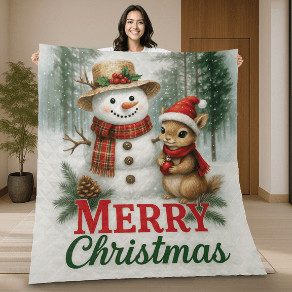 Snowman and Squirrel Christmas Holiday Quilt Blanket - Winter Themed Quilt for Sofa, Couch or Bed - Merry Christmas Gift for Family and Friends