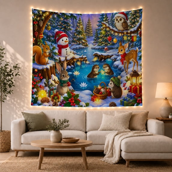 Snowman and Woodland Animals Winter Forest Tapestry