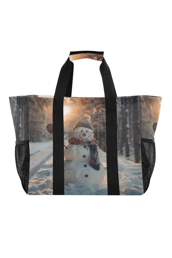 Snowman in Winter Reusable Grocery Bags with Handle Side Pocket Waterproof Shopping Portable Tote
