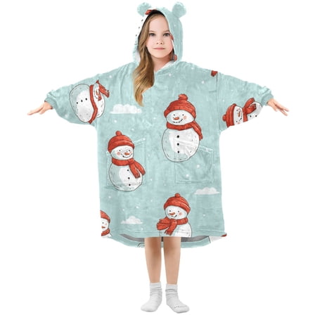 Snowman on Clouds Christmas Flannel Wearable Blankets Hooded Design Long Sleeves Wrap Unisex for 3T-14Y S