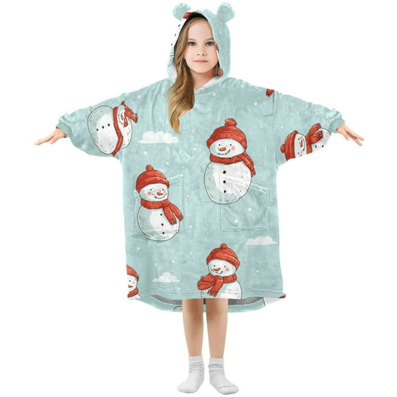 Snowman on Clouds Christmas Flannel Wearable Blankets Hooded Design Long Sleeves Wrap Unisex for 3T-14Y S