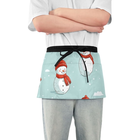 Snowman on Clouds Christmas Short Server Apron with 3 Pockets for Unisex Chef Gardening
