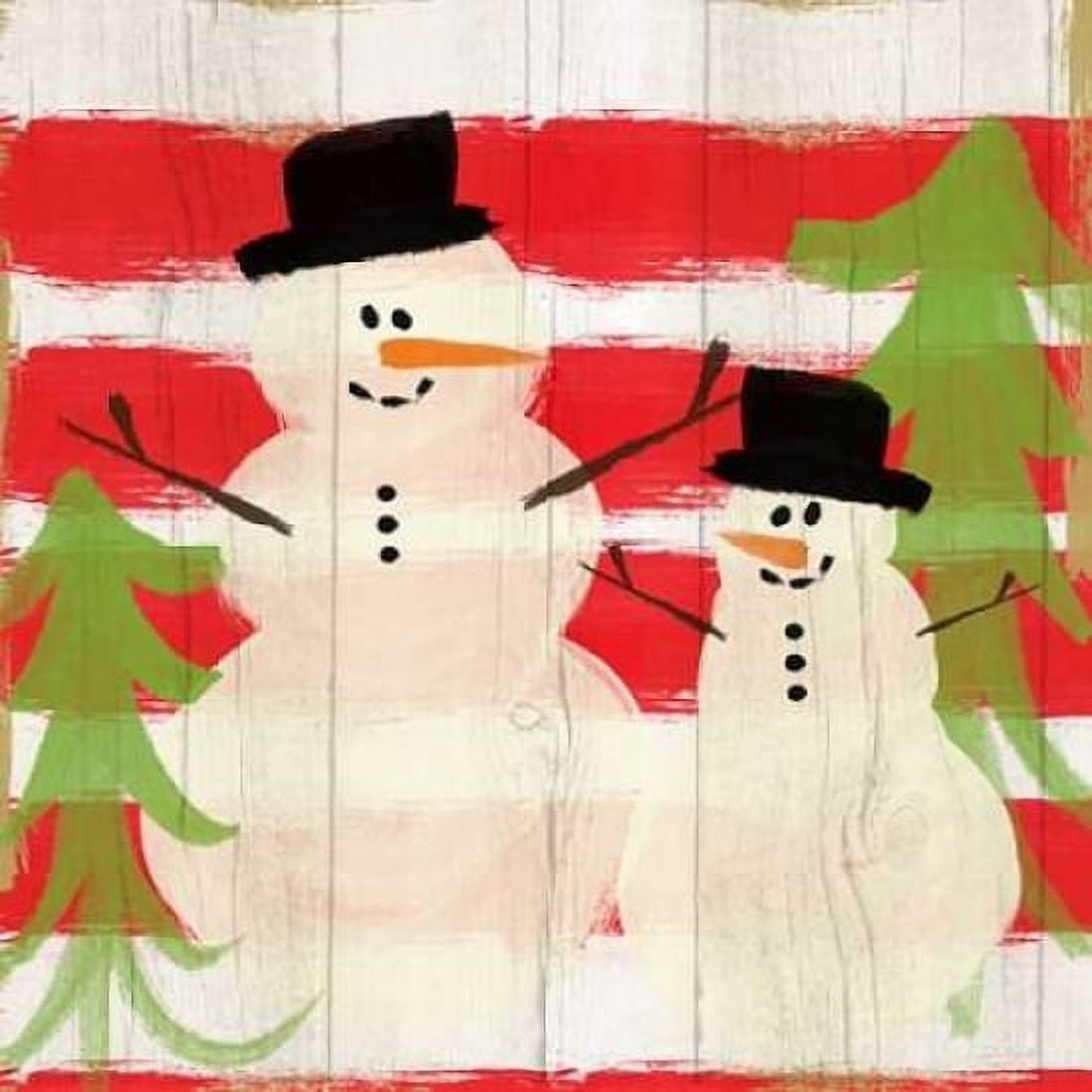 Snowman on Red Stripes Canvas Art - Linda Woods (24 x 24)