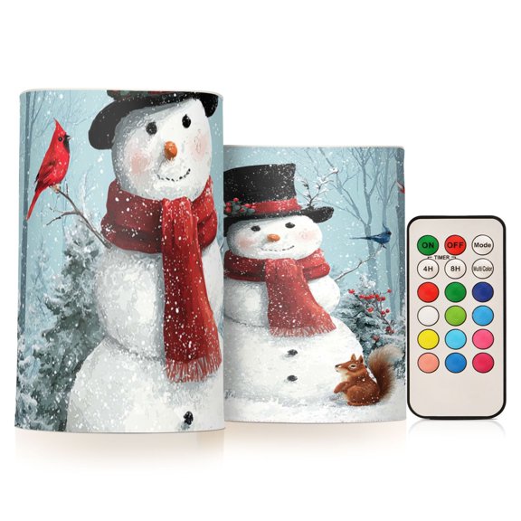 Snowman with A Hat and Scarf Flickering Flameless Candles Battery Operated with Remote Timer LED Pillar Candles Set of 2