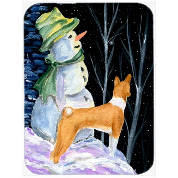 Snowman with Basenji Glass Cutting Board - Large- 15 H x 12 L in.